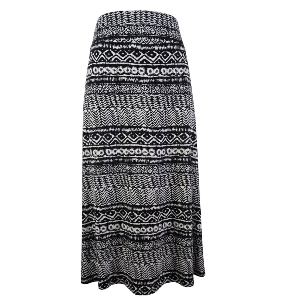 Chelsea & Theodore Black White Midi Skirt M Tribal Print Stretch Waist